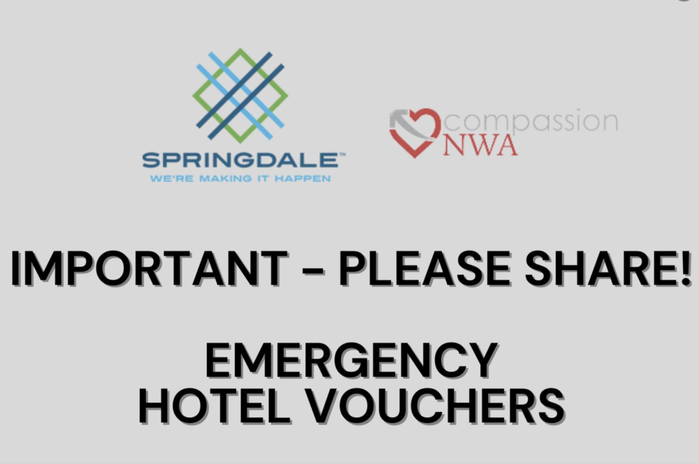 City of Springdale and Compassion NWA logos reading important please share, emergency hotel vouchers