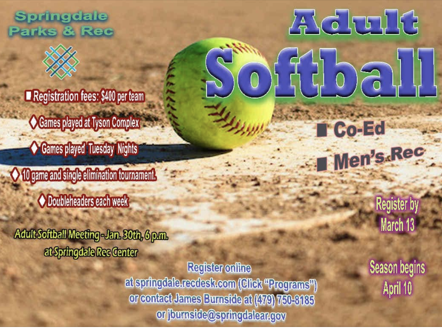 adult softball flyer | softball sitting on field with registration details above