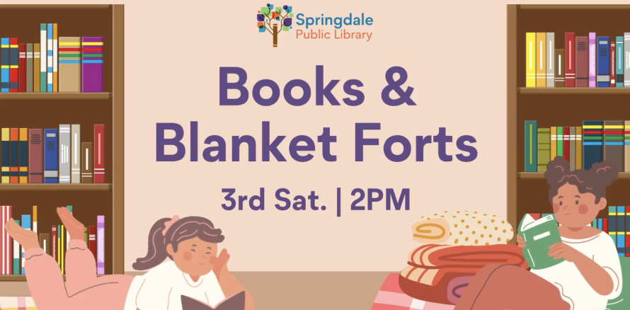 cartoon of two people reading with text reading: "books and blanket forts 3rd sat 2pm"